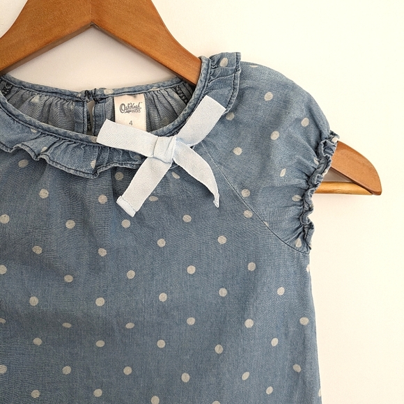 OshKosh Chambray Blue Denim Short Sleeve Polka Dot Blouse Size 4T - Picture 3 of 5